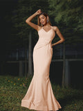 Sheath/Column Stretch Crepe Ruched V-neck Sleeveless Floor-Length Bridesmaid Dresses Evening Dress