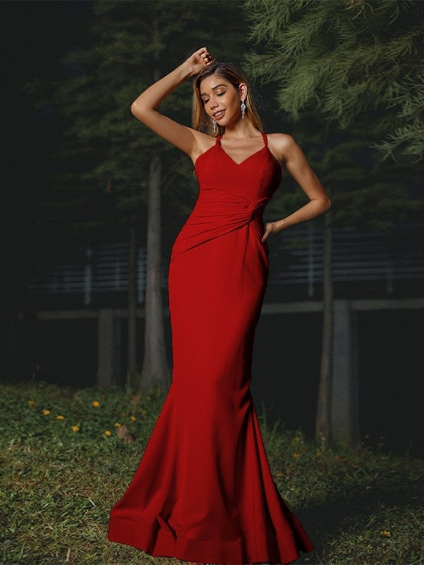 Sheath/Column Stretch Crepe Ruched V-neck Sleeveless Floor-Length Bridesmaid Dresses Evening Dress