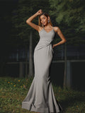 Sheath/Column Stretch Crepe Ruched V-neck Sleeveless Floor-Length Bridesmaid Dresses Evening Dress