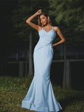 Sheath/Column Stretch Crepe Ruched V-neck Sleeveless Floor-Length Bridesmaid Dresses Evening Dress