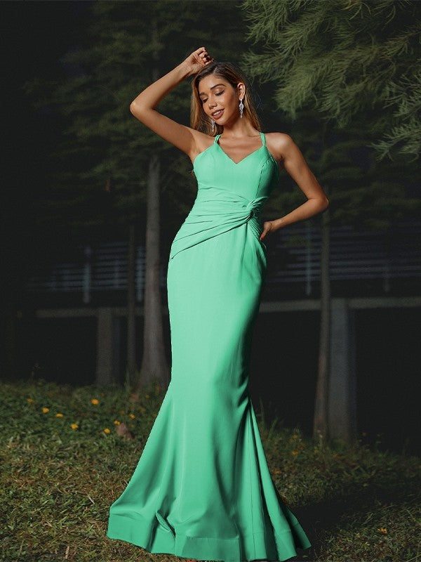 Sheath/Column Stretch Crepe Ruched V-neck Sleeveless Floor-Length Bridesmaid Dresses Evening Dress