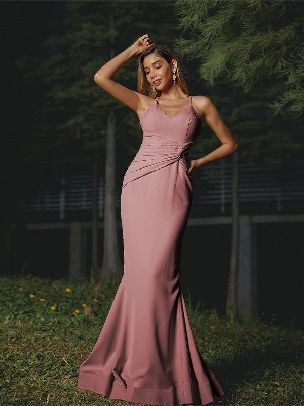 Sheath/Column Stretch Crepe Ruched V-neck Sleeveless Floor-Length Bridesmaid Dresses Evening Dress