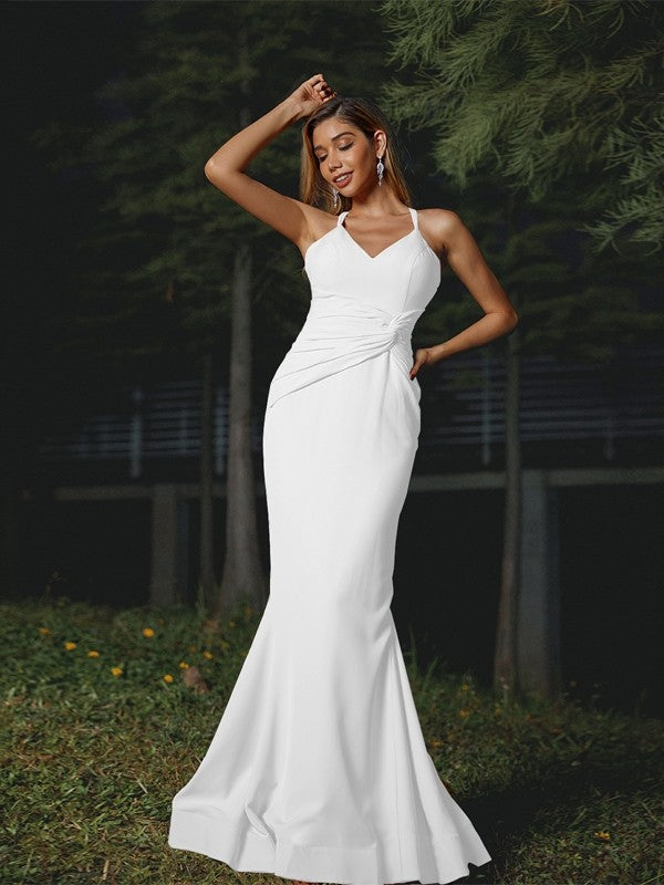 Sheath/Column Stretch Crepe Ruched V-neck Sleeveless Floor-Length Bridesmaid Dresses Evening Dress