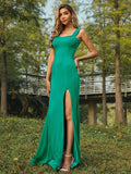 Sheath/Column Jersey Ruffles Straps Sleeveless Sweep/Brush Train Bridesmaid Dresses Evening Dress