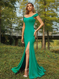 Sheath/Column Jersey Ruffles Straps Sleeveless Sweep/Brush Train Bridesmaid Dresses Evening Dress