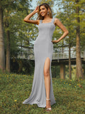Sheath/Column Jersey Ruffles Straps Sleeveless Sweep/Brush Train Bridesmaid Dresses Evening Dress