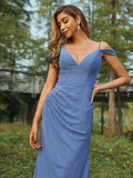 Sheath/Column Chiffon Ruched V-neck Sleeveless Floor-Length Bridesmaid Dresses Evening Dress