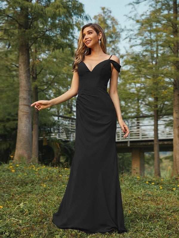 Sheath/Column Chiffon Ruched V-neck Sleeveless Floor-Length Bridesmaid Dresses Evening Dress
