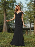 Sheath/Column Chiffon Ruched V-neck Sleeveless Floor-Length Bridesmaid Dresses Evening Dress