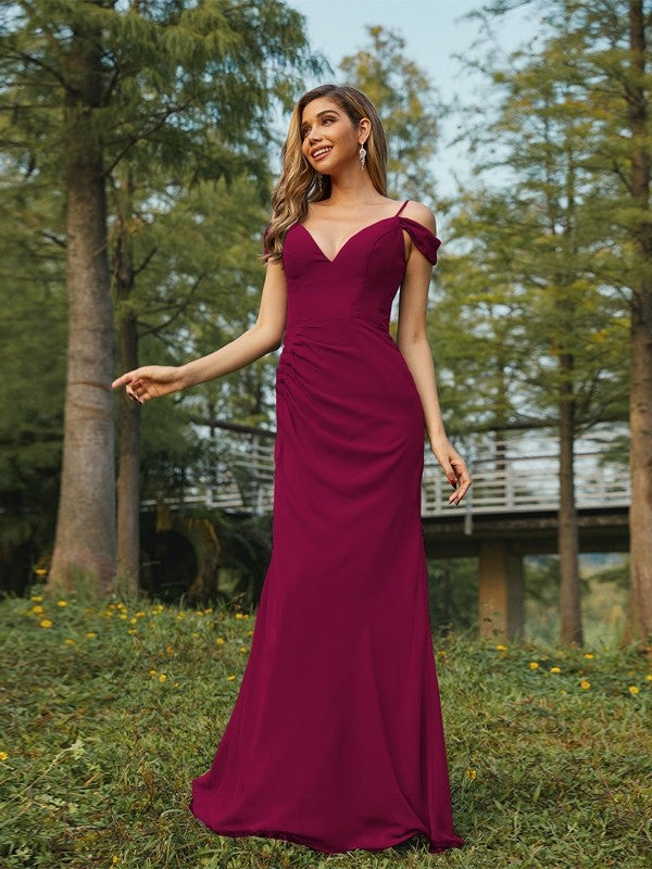Sheath/Column Chiffon Ruched V-neck Sleeveless Floor-Length Bridesmaid Dresses Evening Dress