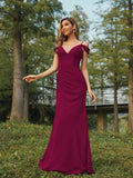Sheath/Column Chiffon Ruched V-neck Sleeveless Floor-Length Bridesmaid Dresses Evening Dress