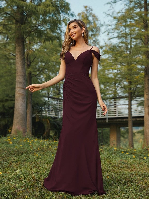 Sheath/Column Chiffon Ruched V-neck Sleeveless Floor-Length Bridesmaid Dresses Evening Dress