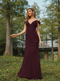 Sheath/Column Chiffon Ruched V-neck Sleeveless Floor-Length Bridesmaid Dresses Evening Dress