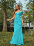 Sheath/Column Chiffon Ruched V-neck Sleeveless Floor-Length Bridesmaid Dresses Evening Dress