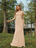 Sheath/Column Chiffon Ruched V-neck Sleeveless Floor-Length Bridesmaid Dresses Evening Dress