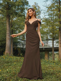 Sheath/Column Chiffon Ruched V-neck Sleeveless Floor-Length Bridesmaid Dresses Evening Dress