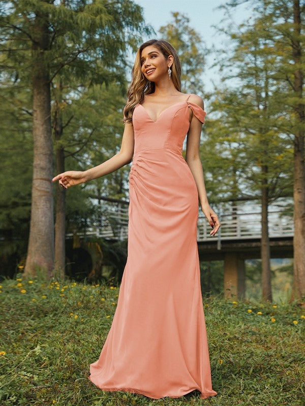 Sheath/Column Chiffon Ruched V-neck Sleeveless Floor-Length Bridesmaid Dresses Evening Dress