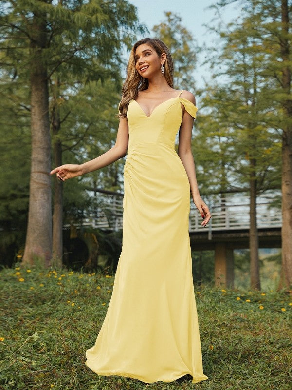 Sheath/Column Chiffon Ruched V-neck Sleeveless Floor-Length Bridesmaid Dresses Evening Dress