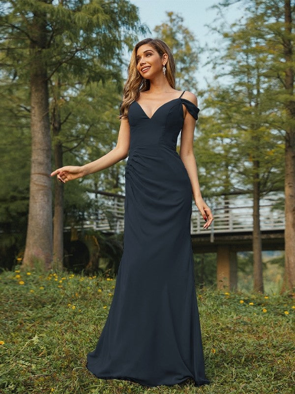 Sheath/Column Chiffon Ruched V-neck Sleeveless Floor-Length Bridesmaid Dresses Evening Dress