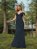 Sheath/Column Chiffon Ruched V-neck Sleeveless Floor-Length Bridesmaid Dresses Evening Dress