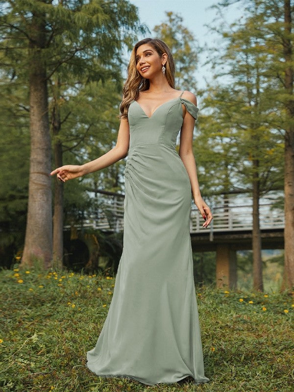 Sheath/Column Chiffon Ruched V-neck Sleeveless Floor-Length Bridesmaid Dresses Evening Dress