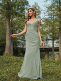 Sheath/Column Chiffon Ruched V-neck Sleeveless Floor-Length Bridesmaid Dresses Evening Dress