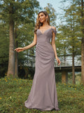 Sheath/Column Chiffon Ruched V-neck Sleeveless Floor-Length Bridesmaid Dresses Evening Dress