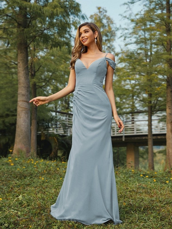 Sheath/Column Chiffon Ruched V-neck Sleeveless Floor-Length Bridesmaid Dresses Evening Dress