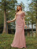 Sheath/Column Chiffon Ruched V-neck Sleeveless Floor-Length Bridesmaid Dresses Evening Dress
