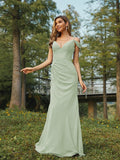 Sheath/Column Chiffon Ruched V-neck Sleeveless Floor-Length Bridesmaid Dresses Evening Dress