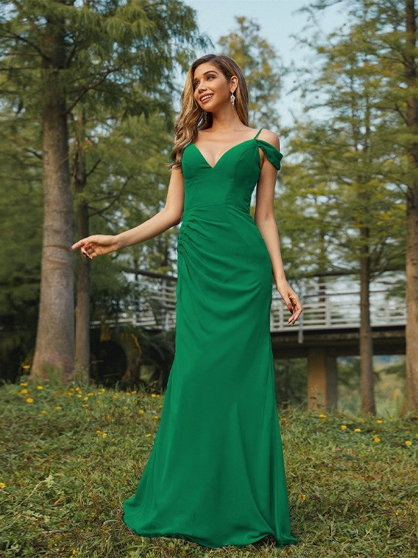 Sheath/Column Chiffon Ruched V-neck Sleeveless Floor-Length Bridesmaid Dresses Evening Dress