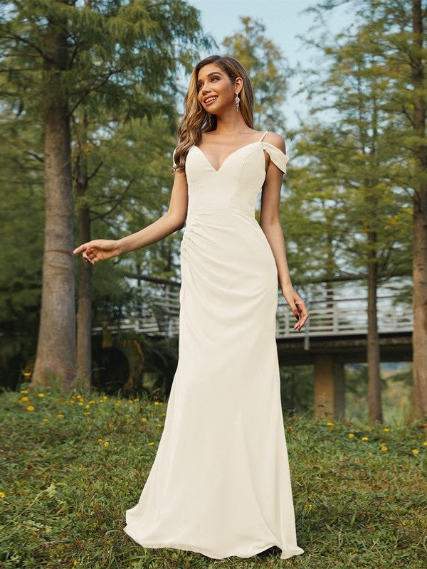 Sheath/Column Chiffon Ruched V-neck Sleeveless Floor-Length Bridesmaid Dresses Evening Dress
