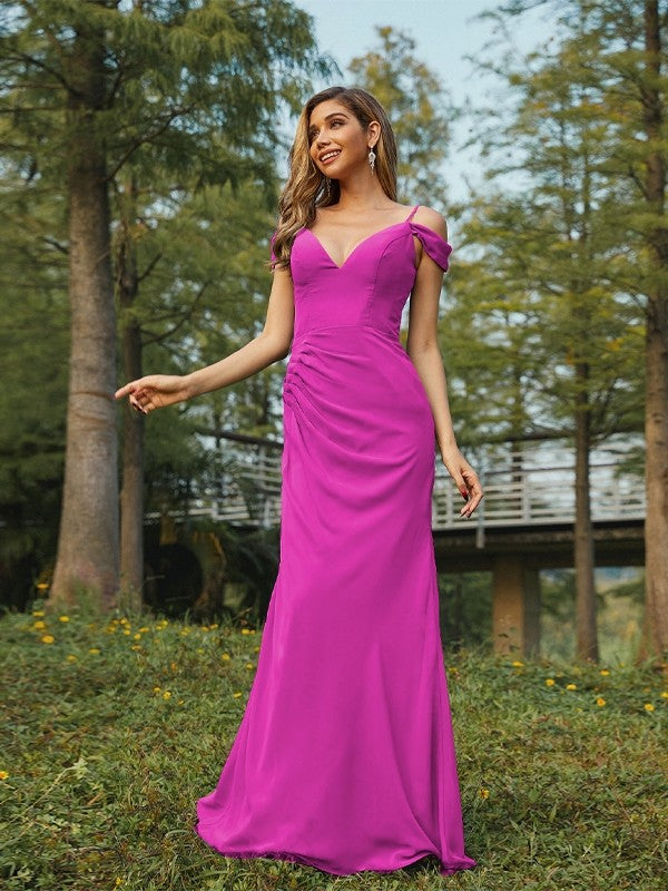 Sheath/Column Chiffon Ruched V-neck Sleeveless Floor-Length Bridesmaid Dresses Evening Dress