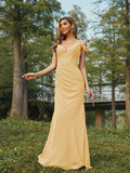 Sheath/Column Chiffon Ruched V-neck Sleeveless Floor-Length Bridesmaid Dresses Evening Dress