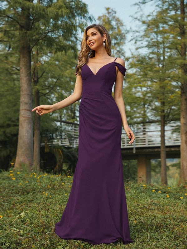 Sheath/Column Chiffon Ruched V-neck Sleeveless Floor-Length Bridesmaid Dresses Evening Dress