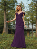 Sheath/Column Chiffon Ruched V-neck Sleeveless Floor-Length Bridesmaid Dresses Evening Dress