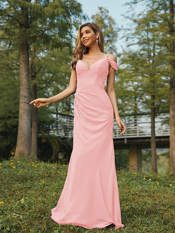 Sheath/Column Chiffon Ruched V-neck Sleeveless Floor-Length Bridesmaid Dresses Evening Dress
