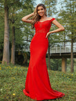 Sheath/Column Stretch Crepe Applique Off-the-Shoulder Sleeveless Sweep/Brush Train Bridesmaid Dresses Evening Dress