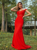 Sheath/Column Stretch Crepe Applique Off-the-Shoulder Sleeveless Sweep/Brush Train Bridesmaid Dresses Evening Dress