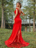 Sheath/Column Stretch Crepe Applique Off-the-Shoulder Sleeveless Sweep/Brush Train Bridesmaid Dresses Evening Dress