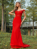 Sheath/Column Stretch Crepe Applique Off-the-Shoulder Sleeveless Sweep/Brush Train Bridesmaid Dresses Evening Dress