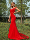 Sheath/Column Stretch Crepe Applique Off-the-Shoulder Sleeveless Sweep/Brush Train Bridesmaid Dresses Evening Dress