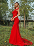 Sheath/Column Stretch Crepe Applique Off-the-Shoulder Sleeveless Sweep/Brush Train Bridesmaid Dresses Evening Dress