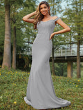 Sheath/Column Stretch Crepe Applique Off-the-Shoulder Sleeveless Sweep/Brush Train Bridesmaid Dresses Evening Dress