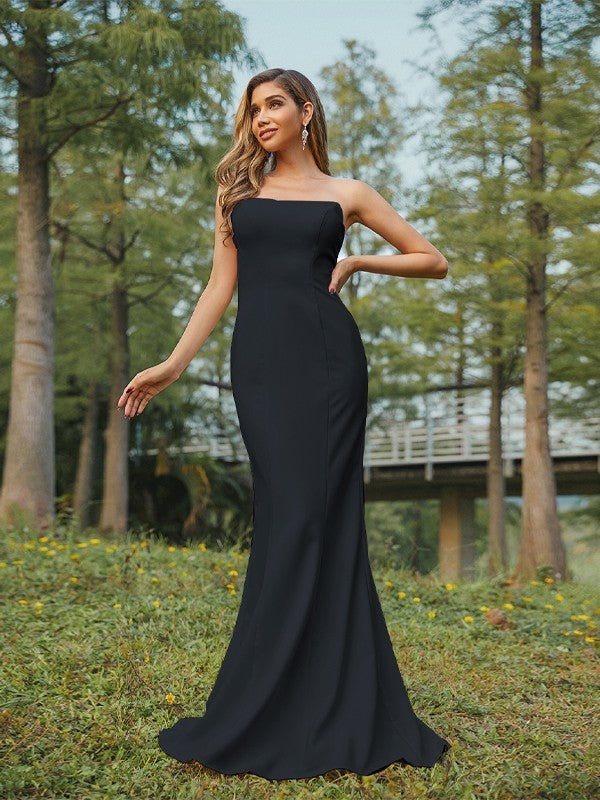 Sheath/Column Stretch Crepe Ruched Strapless Sleeveless Sweep/Brush Train Bridesmaid Dresses Evening Dress