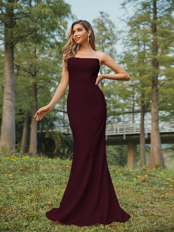 Sheath/Column Stretch Crepe Ruched Strapless Sleeveless Sweep/Brush Train Bridesmaid Dresses Evening Dress