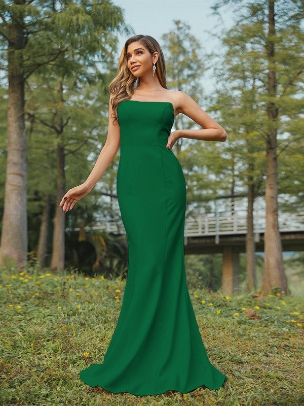 Sheath/Column Stretch Crepe Ruched Strapless Sleeveless Sweep/Brush Train Bridesmaid Dresses Evening Dress