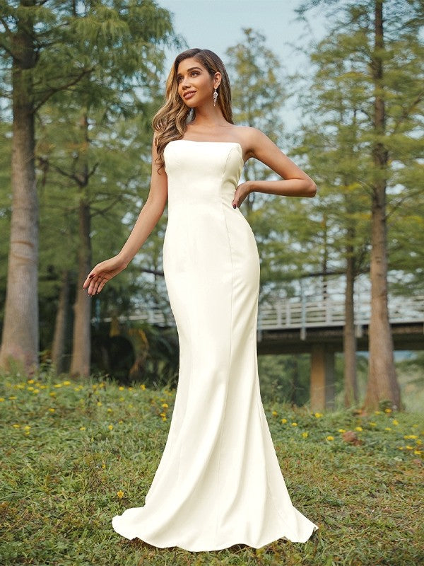 Sheath/Column Stretch Crepe Ruched Strapless Sleeveless Sweep/Brush Train Bridesmaid Dresses Evening Dress