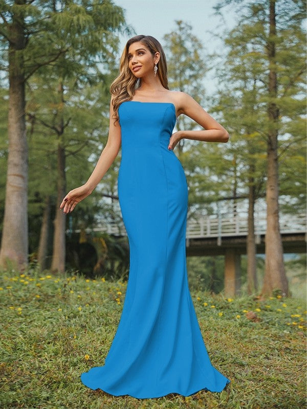 Sheath/Column Stretch Crepe Ruched Strapless Sleeveless Sweep/Brush Train Bridesmaid Dresses Evening Dress
