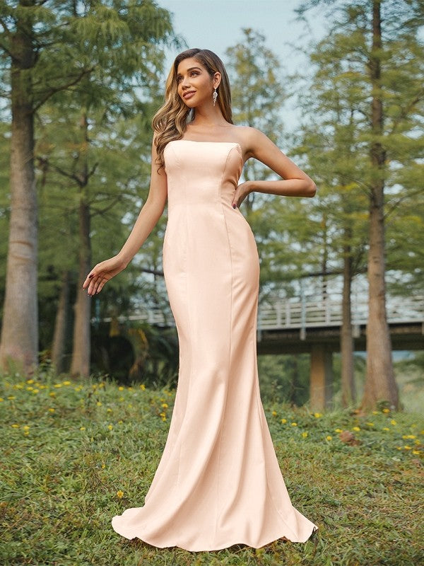 Sheath/Column Stretch Crepe Ruched Strapless Sleeveless Sweep/Brush Train Bridesmaid Dresses Evening Dress